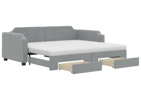 Pat de zi cu extensie și sertare, gri deschis, 90x190cm, textil - 2/5