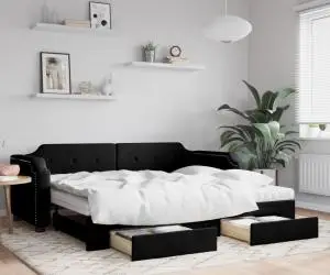 vidaXL Pat de zi cu extensie și sertare, negru, 90x190cm, textil