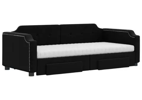 Pat de zi cu extensie și sertare, negru, 90x190cm, textil - 3/5