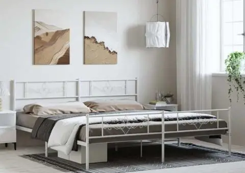 Cadru de pat metalic cu tăblie de cap/picioare, alb, 183x213 cm - 1/5