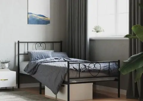 Cadru pat metalic cu tăblii de cap/picioare, negru, 90x200 cm - 1/5