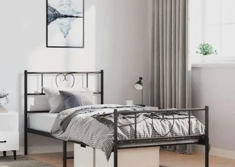 Cadru pat metalic cu tăblii de cap/picioare, negru, 100x200 cm - 1/5