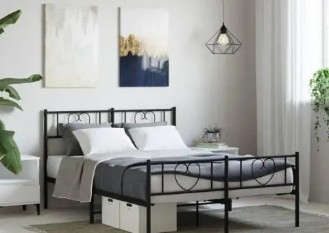 Cadru pat metalic cu tăblie de cap/picioare, negru, 140x190 cm - 1/5