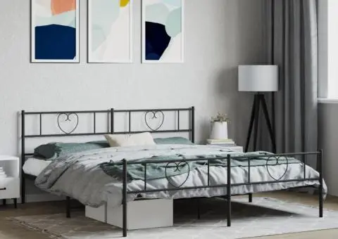 Cadru pat metalic cu tăblii de cap/picioare, negru, 200x200 cm - 1/5