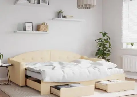 Pat de zi cu extensie și sertare, crem, 90x200 cm, textil - 1/5