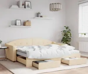 vidaXL Pat de zi cu extensie și sertare, crem, 90x200 cm, textil