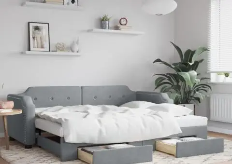 Pat de zi cu extensie și sertare, gri deschis, 90x200 cm textil - 1/5