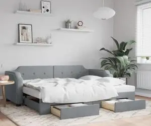 vidaXL Pat de zi cu extensie și sertare, gri deschis, 90x200 cm textil