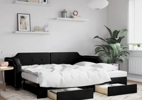 Pat de zi cu extensie și sertare, negru, 90x200 cm, textil - 1/5