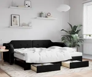 vidaXL Pat de zi cu extensie și sertare, negru, 90x200 cm, textil