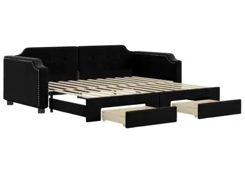 Pat de zi cu extensie și sertare, negru, 90x200 cm, textil - 2/5