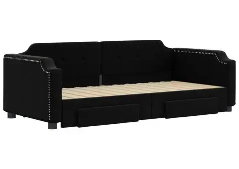 Pat de zi cu extensie și sertare, negru, 90x200 cm, textil - 3/5