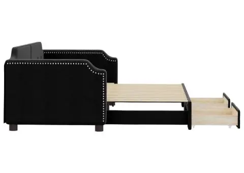 Pat de zi cu extensie și sertare, negru, 90x200 cm, textil - 4/5