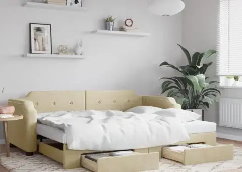 Pat de zi cu extensie și sertare, crem, 100x200 cm, textil - 1/5