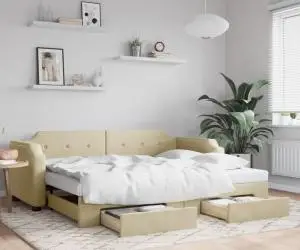 vidaXL Pat de zi cu extensie și sertare, crem, 100x200 cm, textil