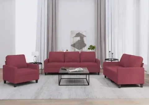 Set canapea cu perne, 3 piese, roșu vin, material textil - 1/5
