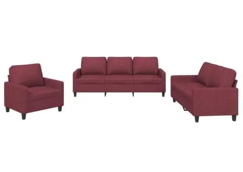 Set canapea cu perne, 3 piese, roșu vin, material textil - 2/5