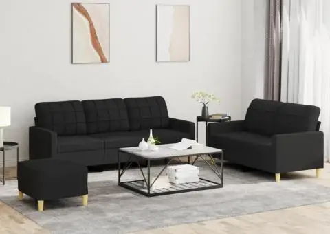 Set de canapele cu perne, 3 piese, negru, textil - 1/5