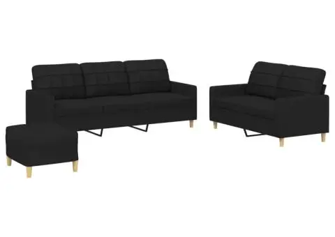 Set de canapele cu perne, 3 piese, negru, textil - 2/5