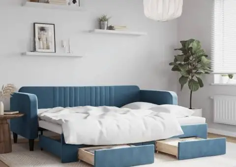 Pat de zi cu extensie și sertare, albastru, 80x200 cm, catifea - 1/5
