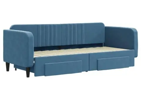 Pat de zi cu extensie și sertare, albastru, 80x200 cm, catifea - 3/5