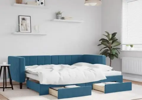 Pat de zi cu extensie și sertare, albastru, 80x200 cm, catifea - 1/5