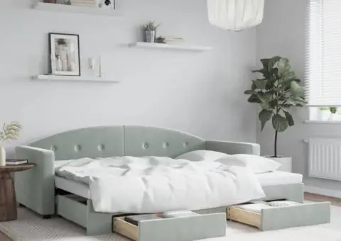 Pat de zi cu extensie și sertare, gri deschis 80x200 cm catifea - 1/5