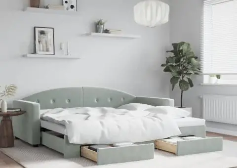 Pat de zi cu extensie și sertare, gri deschis 90x200 cm catifea - 1/5