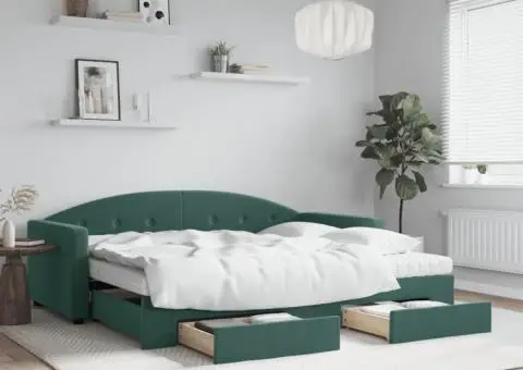 Pat de zi cu extensie și sertare verde închis 90x200 cm catifea - 1/5