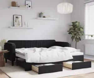 vidaXL Pat de zi cu extensie și sertare, negru, 90x200 cm, catifea