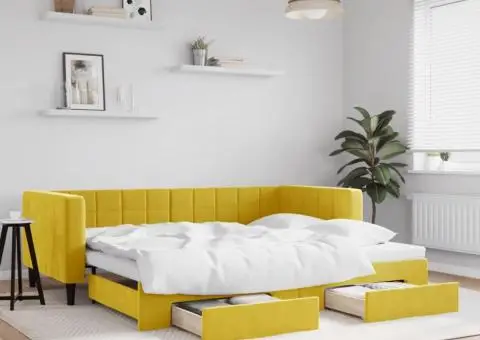 Pat de zi cu extensie și sertare, galben, 90x200 cm, catifea - 1/5