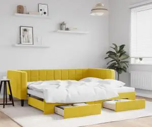 vidaXL Pat de zi cu extensie și sertare, galben, 90x200 cm, catifea