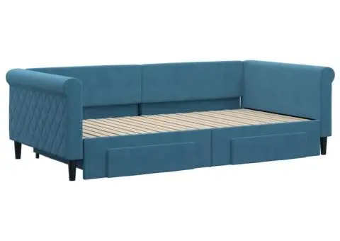 Pat de zi cu extensie și sertare, albastru, 100x200 cm, catifea - 3/5