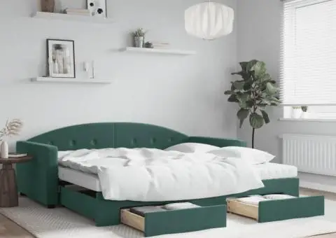 Pat de zi cu extensie și sertare verde închis 100x200cm catifea - 1/5