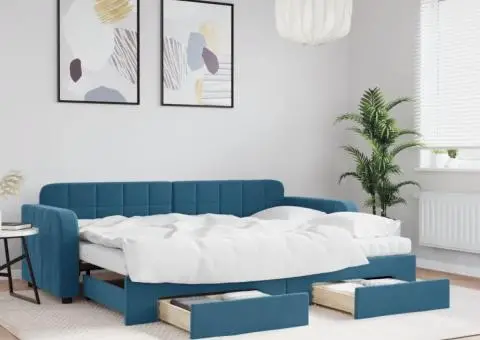 Pat de zi cu extensie și sertare, albastru, 80x200 cm, catifea - 1/5