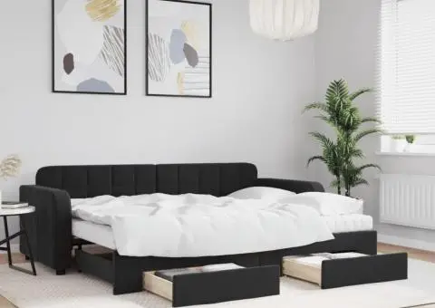 Pat de zi cu extensie și sertare, negru, 80x200 cm, catifea - 1/5