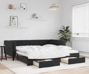 vidaXL Pat de zi cu extensie și sertare, negru, 100x200 cm, catifea