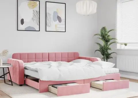 Pat de zi cu extensie și sertare, roz, 90x200 cm, catifea - 1/5