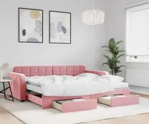 vidaXL Pat de zi cu extensie și sertare, roz, 90x200 cm, catifea