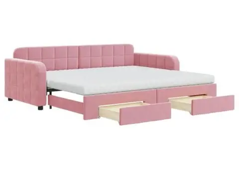 Pat de zi cu extensie și sertare, roz, 90x200 cm, catifea - 2/5