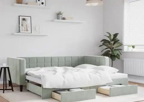 Pat de zi cu extensie și sertare, gri deschis 90x190 cm catifea - 1/5