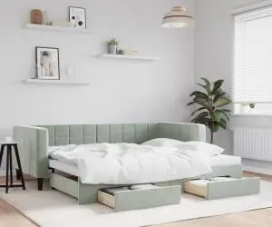 vidaXL Pat de zi cu extensie și sertare, gri deschis 90x190 cm catifea