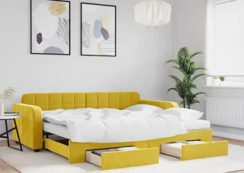 Pat de zi cu extensie și sertare, galben, 90x200 cm, catifea - 1/5