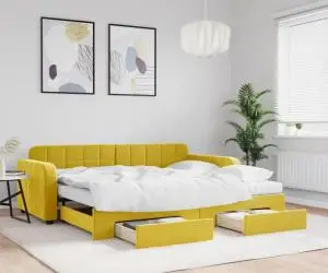 vidaXL Pat de zi cu extensie și sertare, galben, 90x200 cm, catifea
