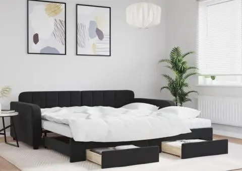 Pat de zi cu extensie și sertare, negru, 100x200 cm, catifea - 1/5