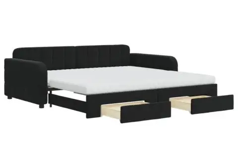 Pat de zi cu extensie și sertare, negru, 100x200 cm, catifea - 2/5