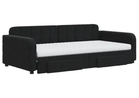 Pat de zi cu extensie și sertare, negru, 100x200 cm, catifea - 3/5