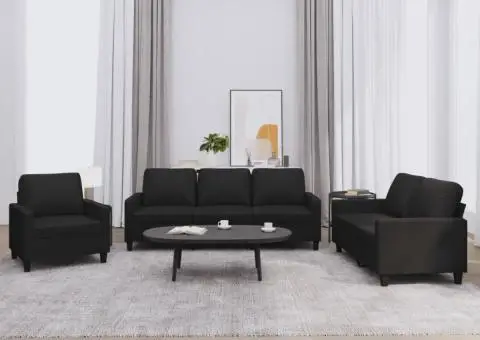 Set de canapele cu perne, 3 piese, negru, piele ecologică - 1/5