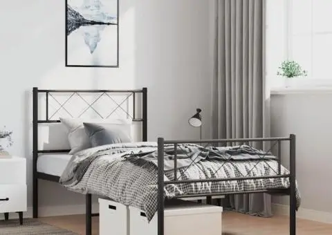 Cadru pat metalic cu tăblii de cap/picioare, negru, 100x200 cm - 1/5