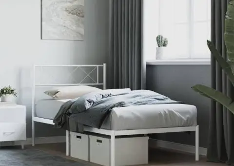 Cadru de pat din metal cu tăblie, alb, 107x203 cm - 1/5